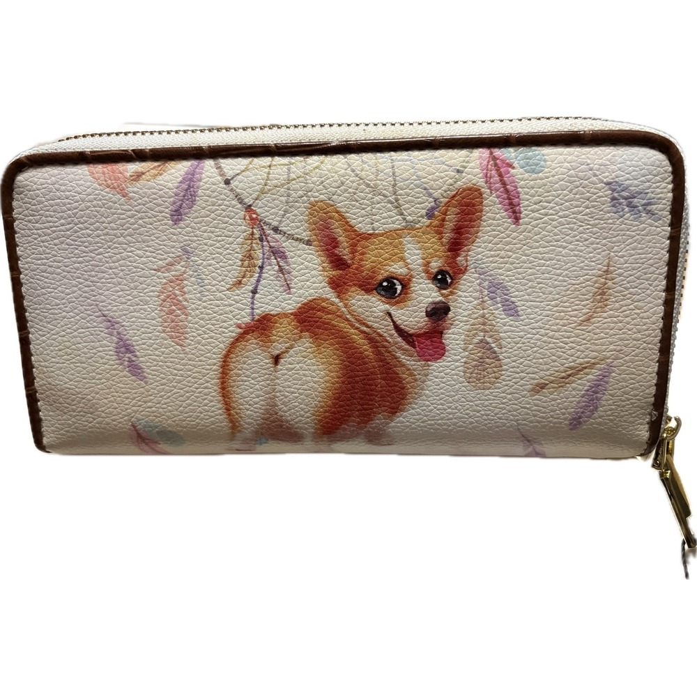 Brentano Corgi Dog Boho Dreamcatcher Double Zip Wallet CJ11260 White Brown